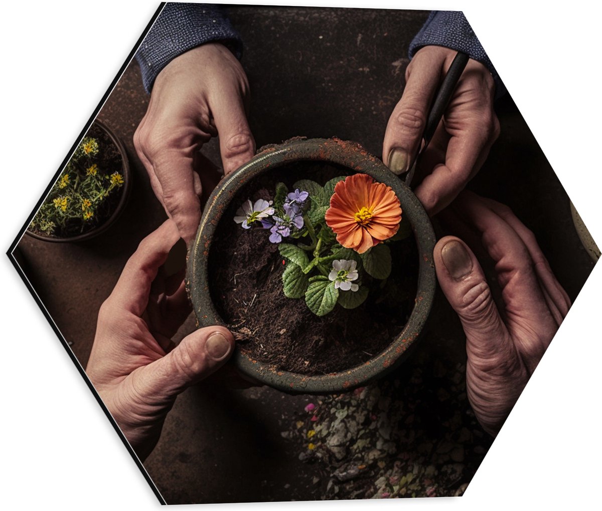Dibond Hexagon - Bloemen - Bloempot - Potgrond - Handen - 40x34.8 cm Foto op Hexagon (Met Ophangsysteem)