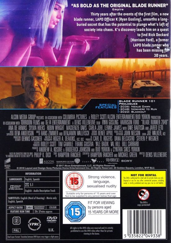 Dvd hoes van Blade Runner 2049 met Ryan Gosling, Harrison Ford, Ana de Armas en Jared Leto.
