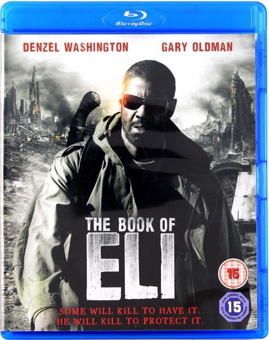 Blu-ray hoes van 'The Book of Eli' met Denzel Washington, zonnebril op, met op de achtergrond een verwoeste stad.