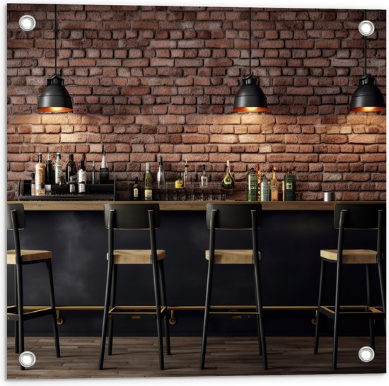 Tuinposter – Bar - Flessen - Drank - Krukken - Lampen - Hout - Kleuren - 50x50 cm Foto op Tuinposter (wanddecoratie voor buiten en binnen)