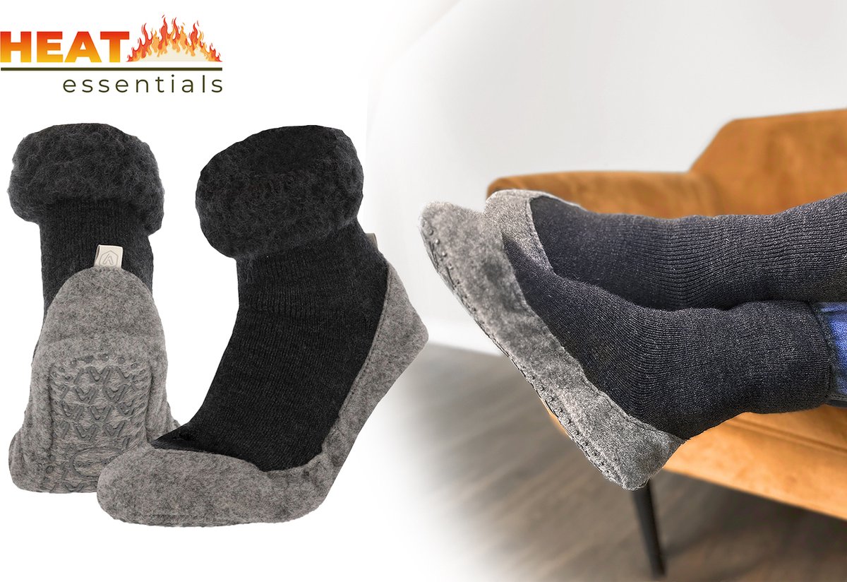 Heat Essentials - Wollen Pantoffel Sokken - Antraciet - 39/40 - Pantoffels Dames - Sloffen Dames - Unisex - Antislip Sokken - Huissokken