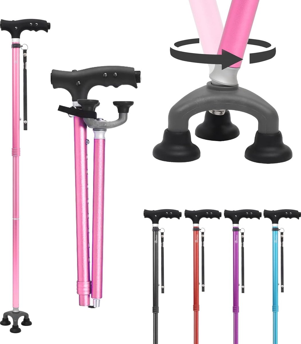 Wandelstok met LED-licht voor mannen en vrouwen, in hoogte verstelbare stokken met stabiele 3 basis, opvouwbare stok met T-handvat, lichtgewicht en stabiel