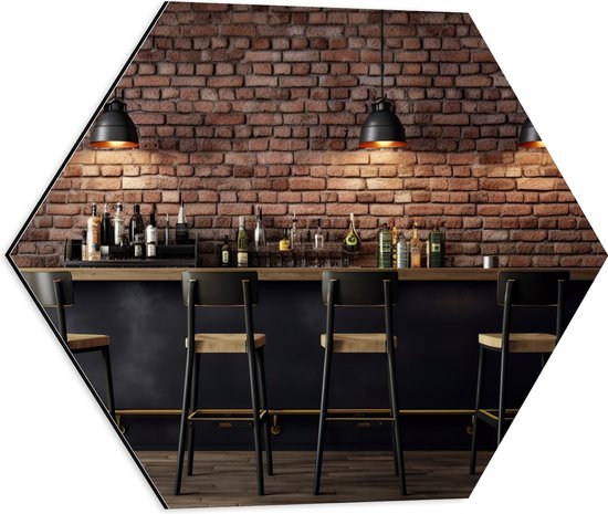 Dibond Hexagon - Bar - Flessen - Drank - Krukken - Lampen - Hout - Kleuren - 50x43.5 cm Foto op Hexagon (Met Ophangsysteem)