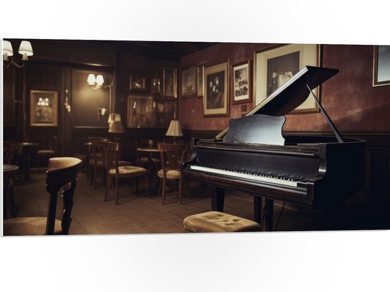 PVC Schuimplaat- Cafe - Tafels - Stoelen - Hout - Piano - Muziek - 100x50 cm Foto op PVC Schuimplaat