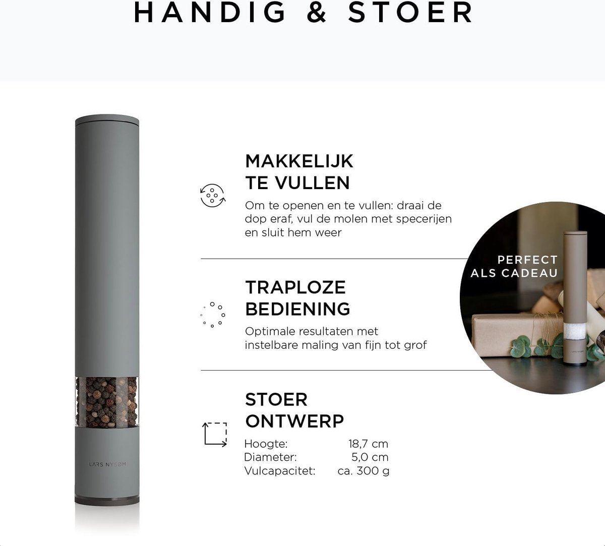 Peper- en Zoutstel - Handmatige Grote Zout Pepermolen (28cm) met Instelbare Keramische Molen - Design Kruidenmolen (Cool Grey)