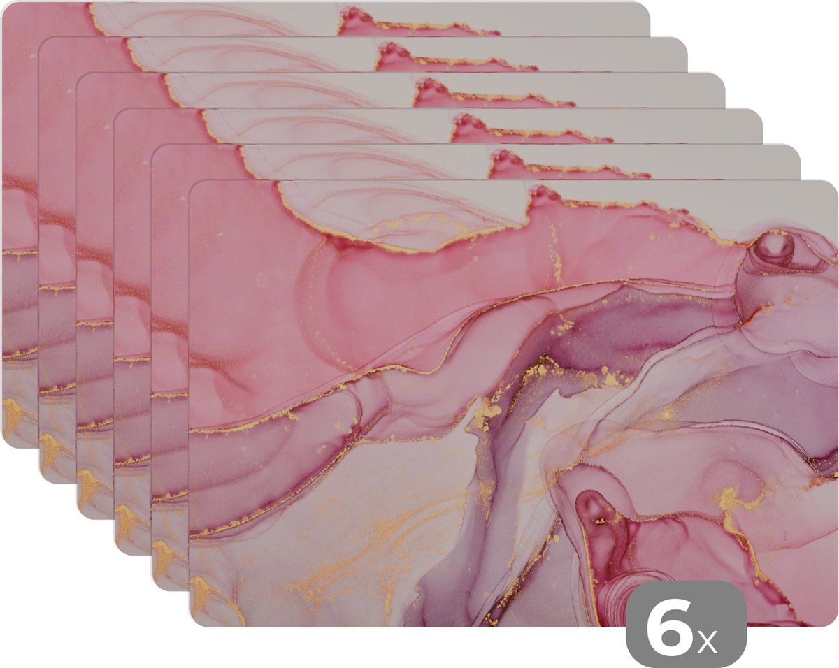 Placemats - Marmer - Roze - Goud - Onderleggers placemat - 45x30 cm - 6 stuks