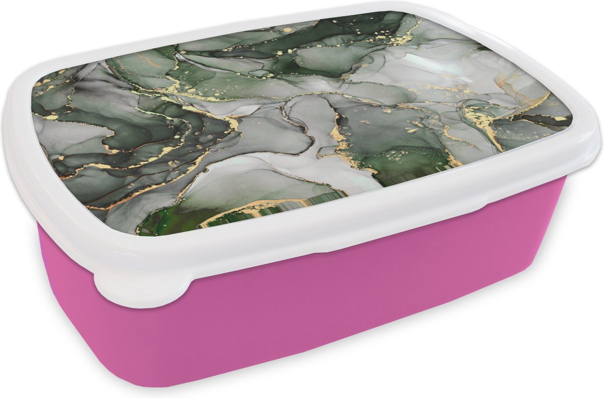 Broodtrommel Roze - Lunchbox - Brooddoos - Luxe - Marmer - Groen - 18x12x6 cm - Kinderen - Meisje