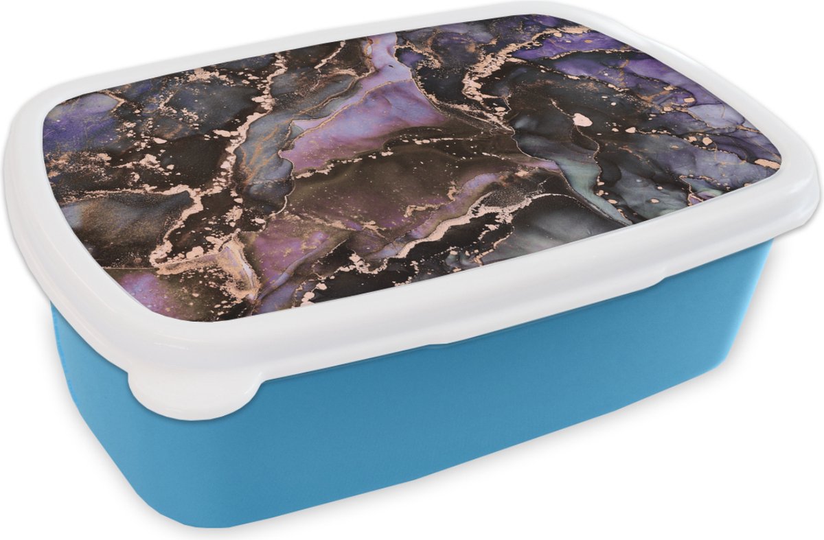 Broodtrommel Blauw - Lunchbox - Brooddoos - Marmer - Goud - Roze - 18x12x6 cm - Kinderen - Jongen