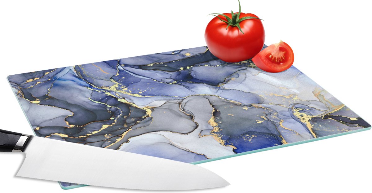 Glazen Snijplank - 28x20 - Marmer - Goud - Abstract - Blauw - Snijplanken Glas
