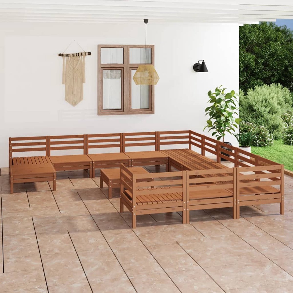 The Living Store 13-delige Loungeset massief grenenhout honingbruin - Houten Tuinset - Lounge Set - Tuinmeubilair - Buitendecor - Balkon Decor