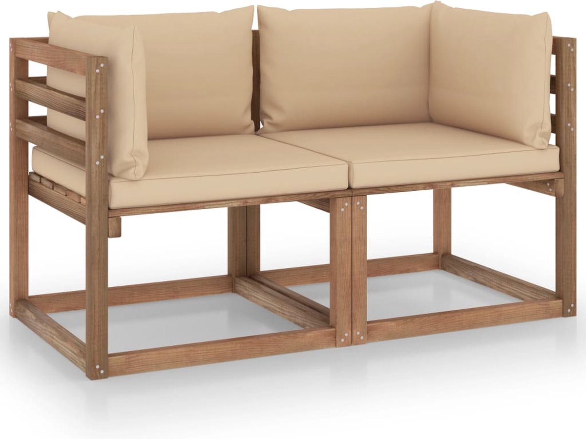 The Living Store Tuinbank 2-zits pallet met beige kussens grenenhout - Tweedehands Meubel - Houten Bank - Tuinset - Pallets - Buitendecor