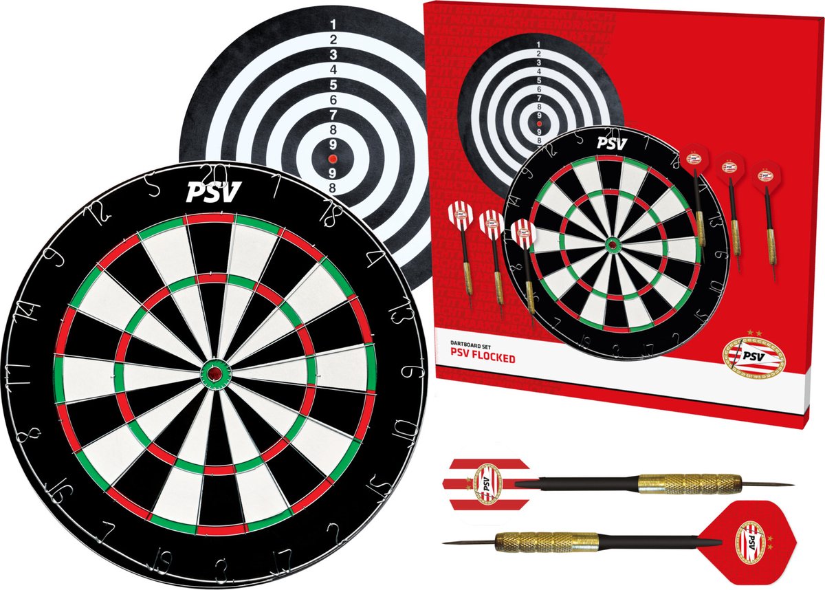 PSV Flocked Dartbord - Dubbelzijdig - Dartbord met 6 dartpijlen - Dart Flights - Dart Shafts - Darts - Cadeau