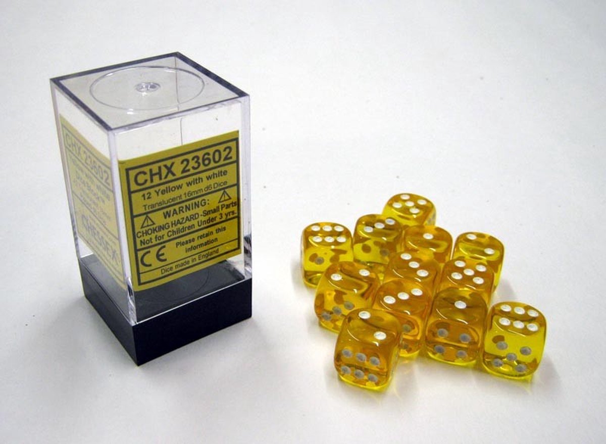 Chessex Doorschijnend Geel/wit D6 16mm Dobbelsteen Set (12 stuks)