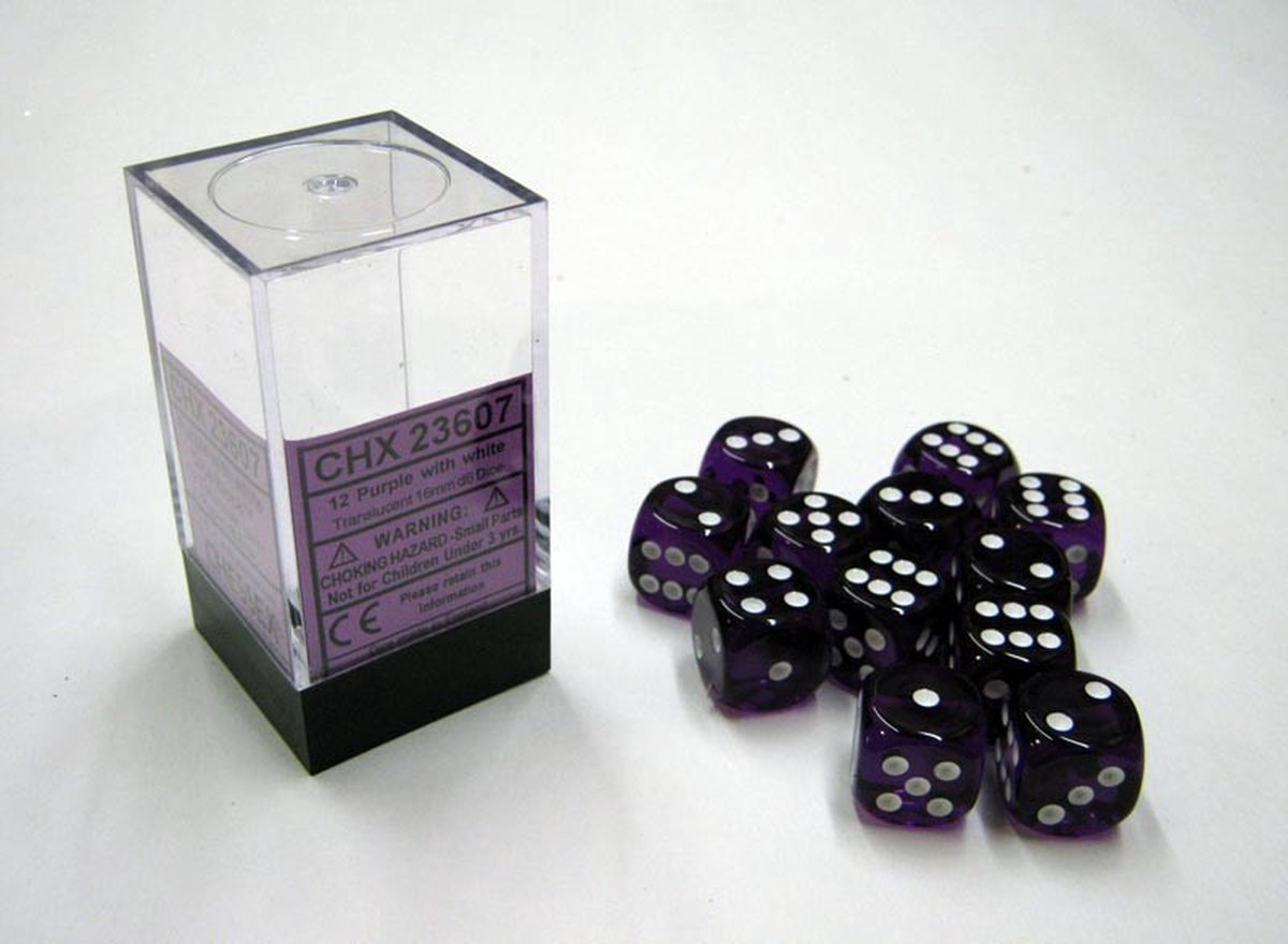 Chessex Doorschijnend Paars/wit D6 16mm Dobbelsteenset (12 stuks)