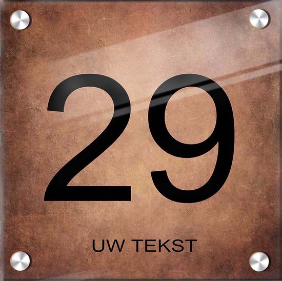 Bronzen huisnummerbord van 20x20cm met het nummer 29 en 'UW TEKST' onderaan.