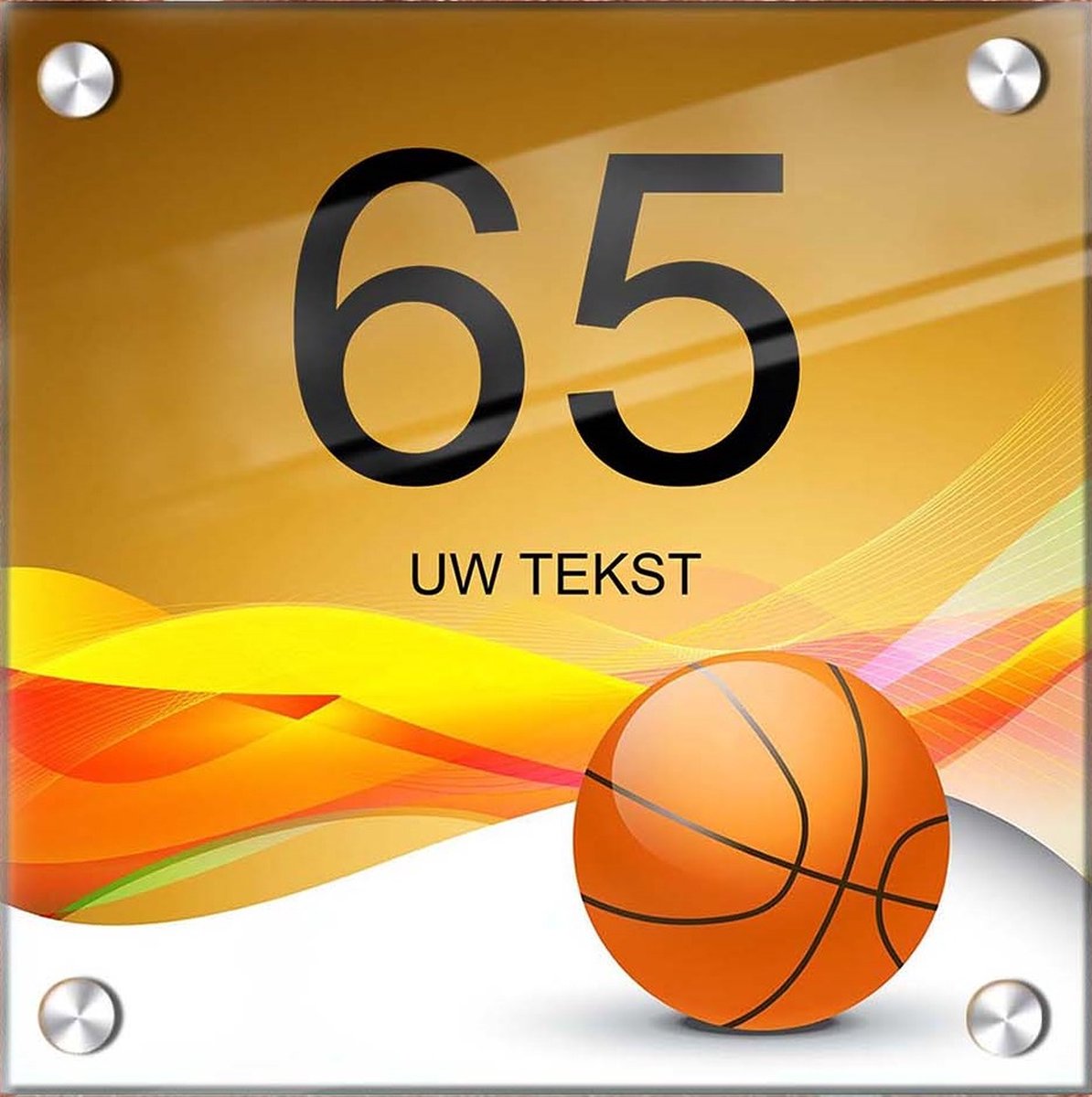 Huisnummer naambord plexiglas 20x20x0,5cm Basketbal design- met naam bedrukken Huisnummerbordjes, Naambordje voordeur, naamplaatje voordeur, huisnummer bord, huisnummer borden