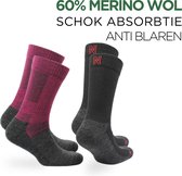 Norfolk - 2 Paar - 60% Merino Wol Sokken - Anti Blaren Wandelsokken met Schok Absorptie - Wollen Sokken - Warme sokken - Zwart-Magenta - Maat 35-38 - Leonardo