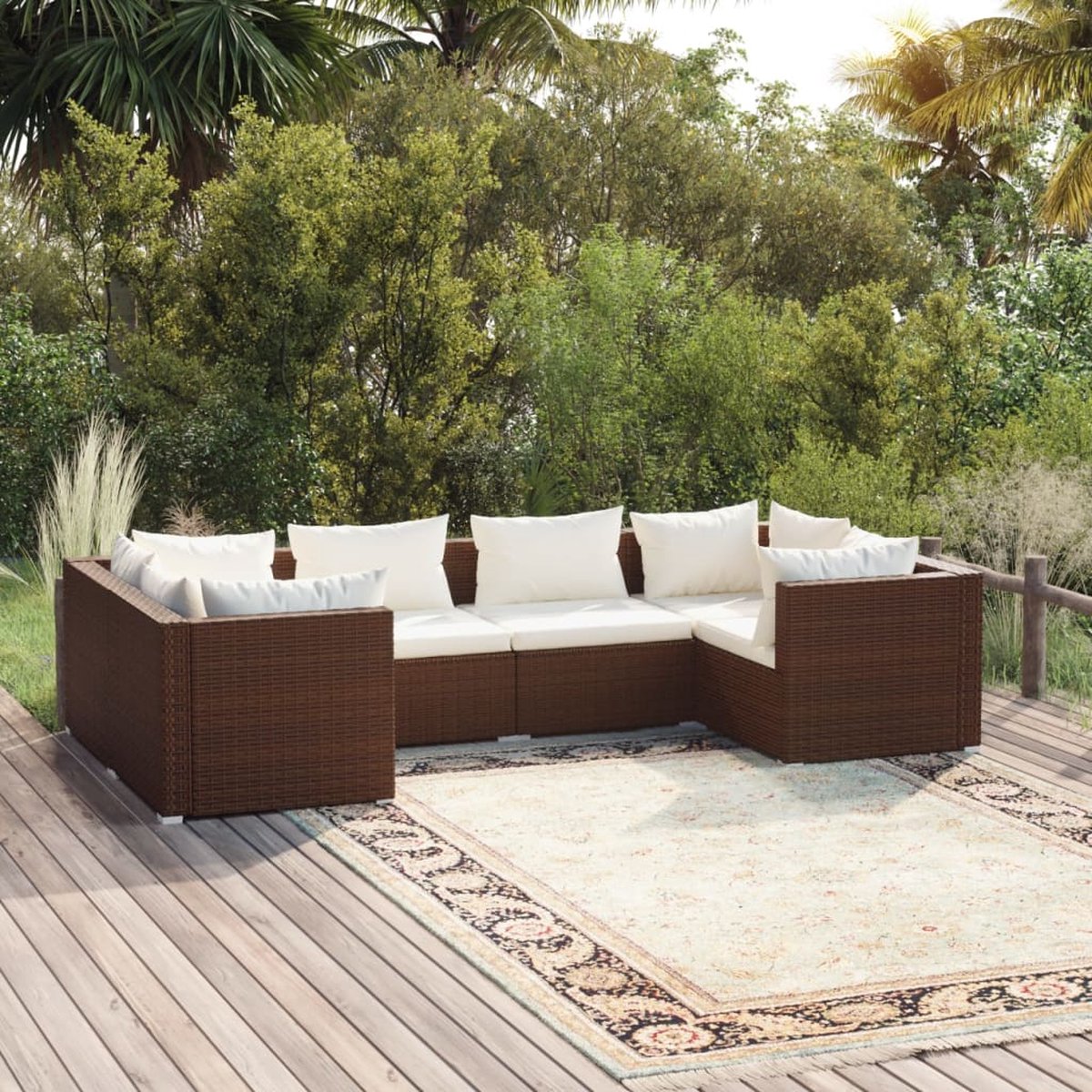 Bruine poly rattan loungeset met kussens voor buiten - The Living Store.