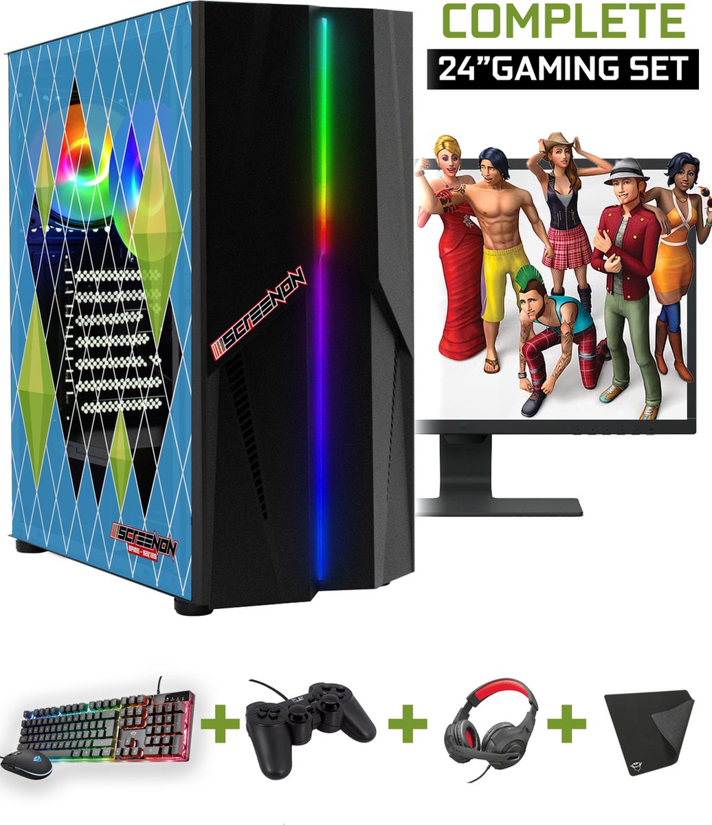 ScreenON - Complete Sims 4 Gaming PC Set - X12729 - V1 ( Game PC X12729 + 24 Inch Monitor + Toetsenbord + Muis + Controller )