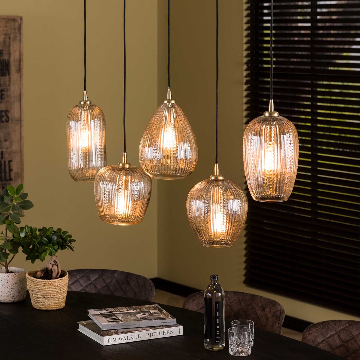 Giga Meubel Hanglamp Diamond Grain Mix - Glas - 5-Lichts - 120x20x150cm