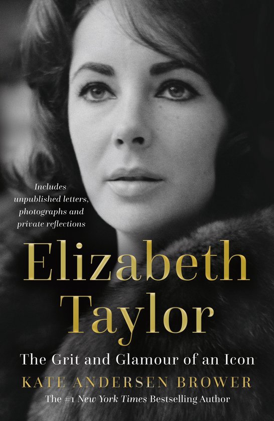 Boekomslag met een zwart-witfoto van Elizabeth Taylor, met de titel 'Elizabeth Taylor: The Grit and Glamour of an Icon'.