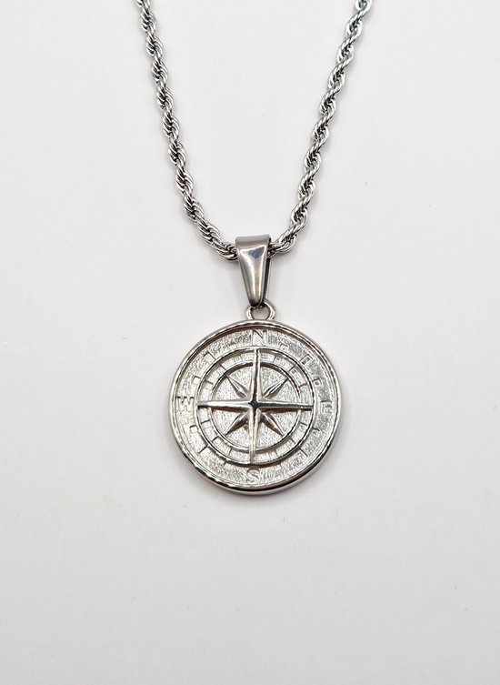 Zilveren ketting Compass - Premium Stainless Steel - 60cm - Rope Chain - Ketting met hanger -