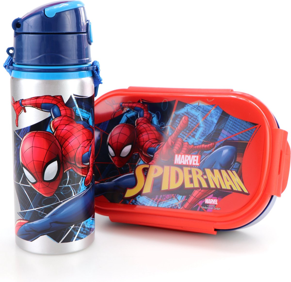 Spiderman lunchset broodtrommel + aluminium drinkfles Zilver | Sportfles + lunchbox kinderen LS24