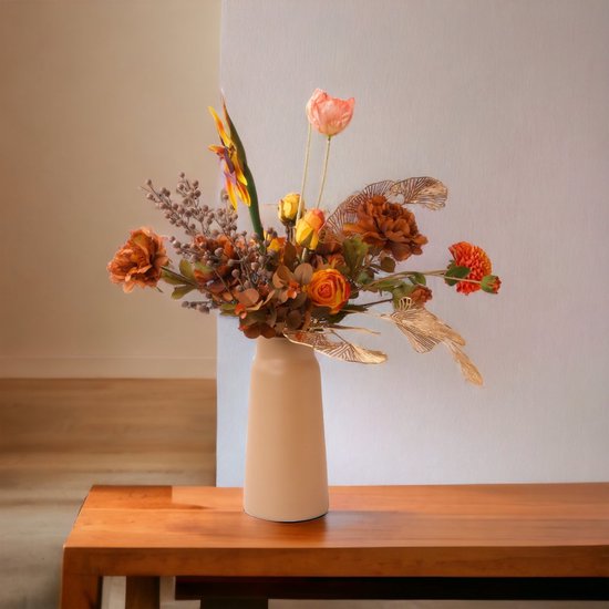WinQ -Veldboeket - zijden bloemen compleet gebonden geleverd inclusief glasvaas in warme najaarskleuren - kunstbloemen in een herfst kleuren – Veldboeket compleet