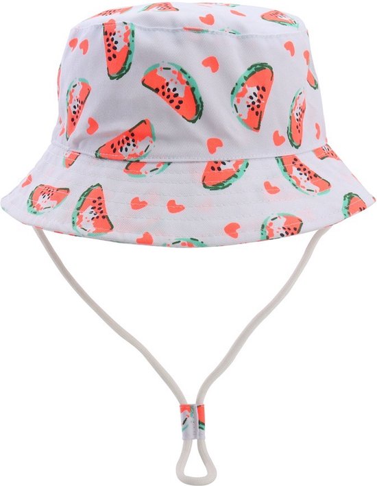 Zonnehoedje Baby Watermeloen - Maat 50 - 1 t/m 3 jaar UV-Bescherming Strandhoedje Bucket hat - Wit