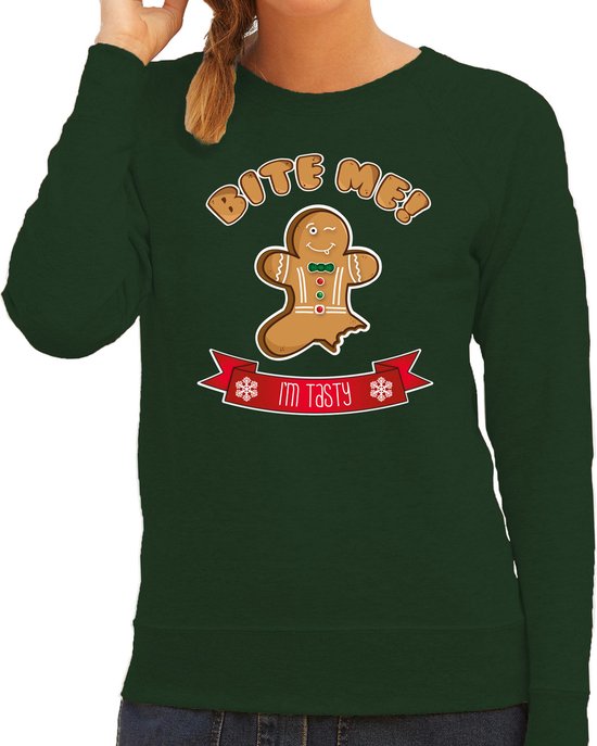 Bellatio Decorations foute kersttrui/sweater dames - Gingerbread koekemannetje - groen - Bite Me XS