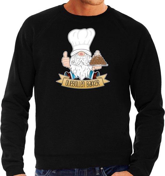 Bellatio Decorations foute kersttrui/sweater heren - Oliebollen bakker - zwart - kabouter/gnoom M