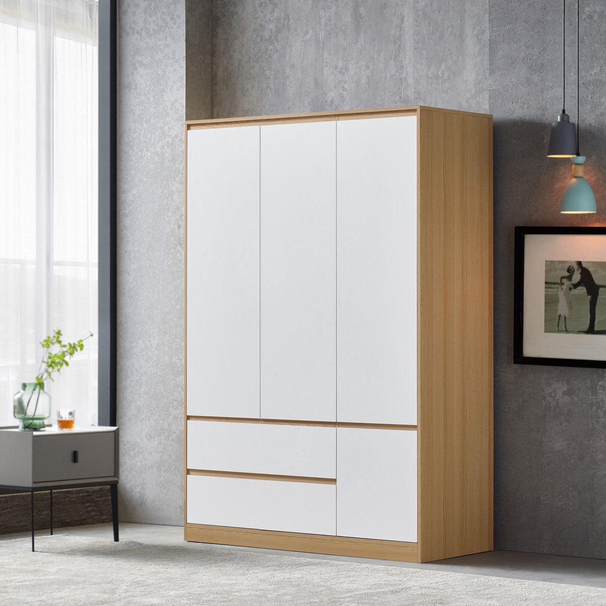 en.casa Kledingkast Bastheim 176x120x52 cm met 2 lades eiken en wit