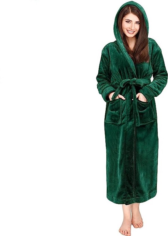 Badjas fleece maat - L - kleur – groen – capuchon- dames