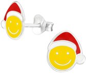 Joy|S - Zilveren kerst smiley oorbellen - 8 x 9 mm - emoticon met kerstmuts - kinderoorbellen