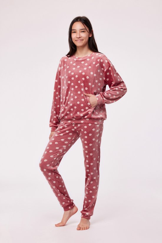 Woody Studio pyjama velours meisjes/dames - roze - bolletjes - 232-12-YPE-V/956 - maat 152