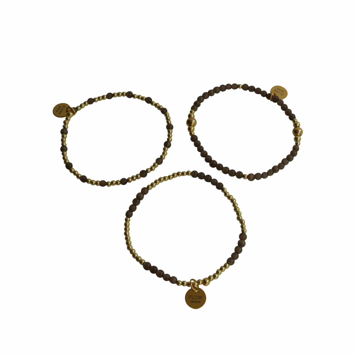 FlowJewels - armbanden - set - goud - bruin - stainless steel - natuursteen