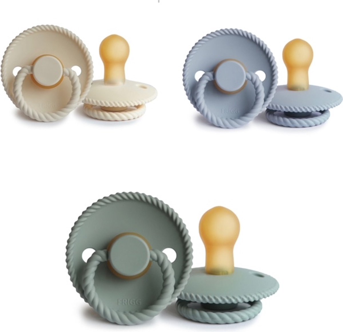 Goedkoopste FRIGG ROPE Fopspeen set 3 stuks Cream,Sage en Powder Blue 0-6 maand