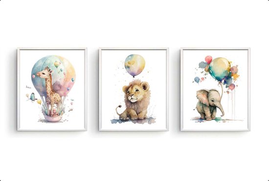 Postercity - Poster Set 3 Aquarel Baby Leeuwtje Giraf Olifant met Ballonen - Waterverf - Dierenposter - Babykamer / Kinderposter - Muurdecoratie - 80x60cm