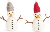 Én Gry & Sif Vrolijke Sneeuwpopjes met Rode & Grijze Muts en armpjes - set van 2 - staand en/of hangend - 10,5 cm