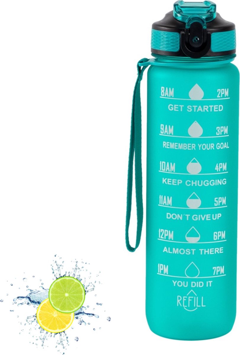 Flow Goods Motivatie Waterfles - Turquoise – Drinkfles met Rietje – Waterfles 1 Liter – Waterfles met Tijdmarkeringen