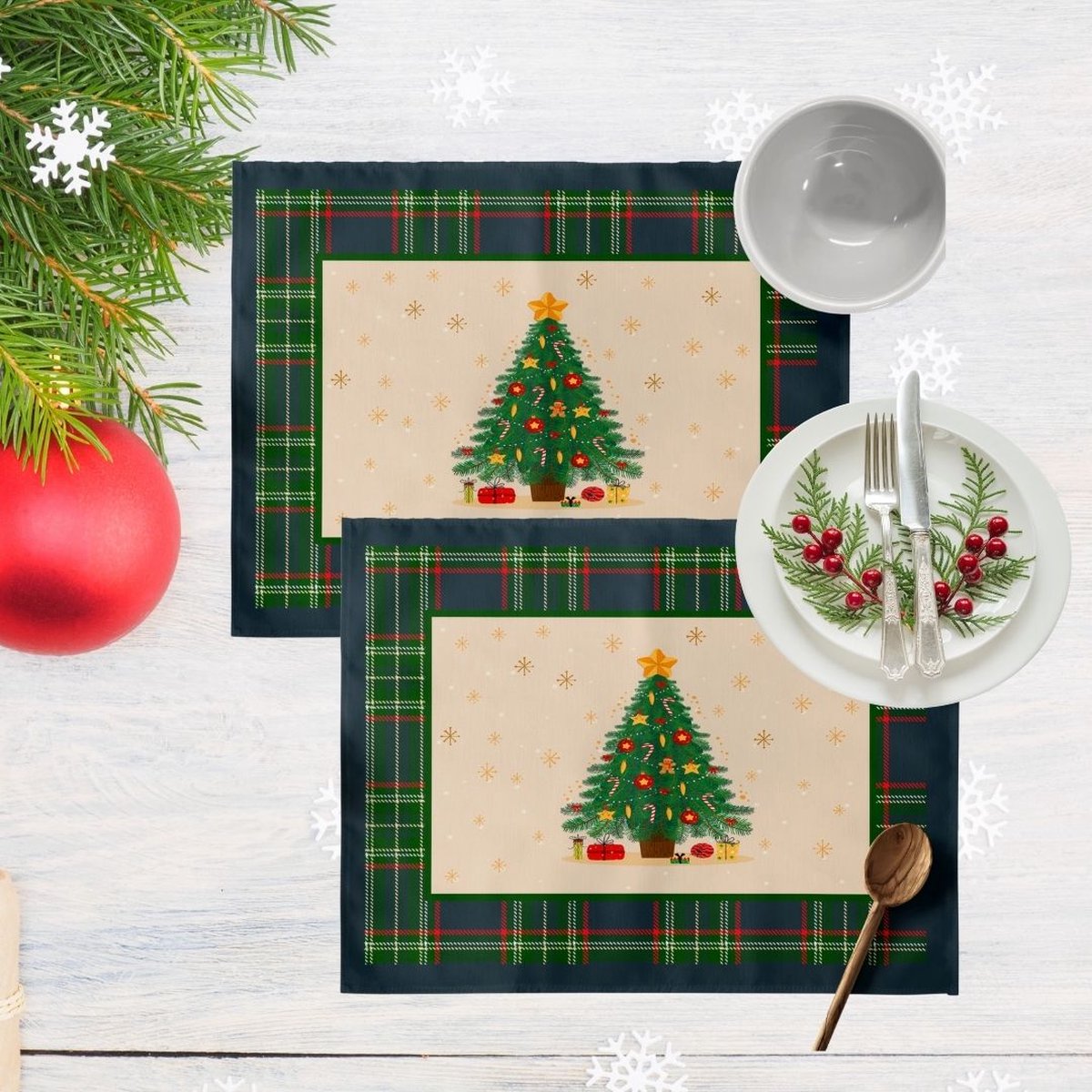 ABAKUHAUS Kerstmis- Placemat Set van 4, Repetitive Pine Trees, Wasbare