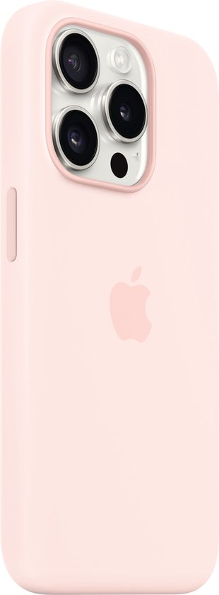 Roze iPhone-hoesje met Apple-logo en cameralens, van de zijkant gezien.