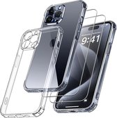 Hoesje Geschikt voor iPhone 15 Pro Max transparant Anti Shock silicone met glazen Screenprotector 2 pack