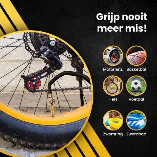 De derailleur van een fietsband met gele velg, gemonteerde ventieladapter en de tekst 'Grijp nooit meer mis!'