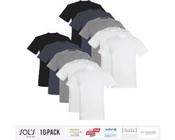 10 Pack Sol's Heren T-Shirt 100% biologisch katoen Ronde hals Zwart, Donker Grijs, Grijs / Lichtgrijs gemeleerd, wit Maat L