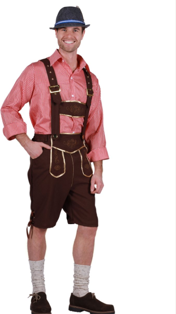 Oktoberfest Voordelige set Lederhosen & Overhemd Klaus Heren Set - Oktoberfest Lederhosen Man - Oktoberfest Overhemd Heren - Rood-Wit - Maat S
