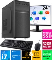 Intel Desktop PC SET 24" met Core i7 - 32GB RAM - 1000GB SSD - WiFi - Bluetooth - Windows 11 Pro - Inclusief Muis & Toetsenbord & Monitor