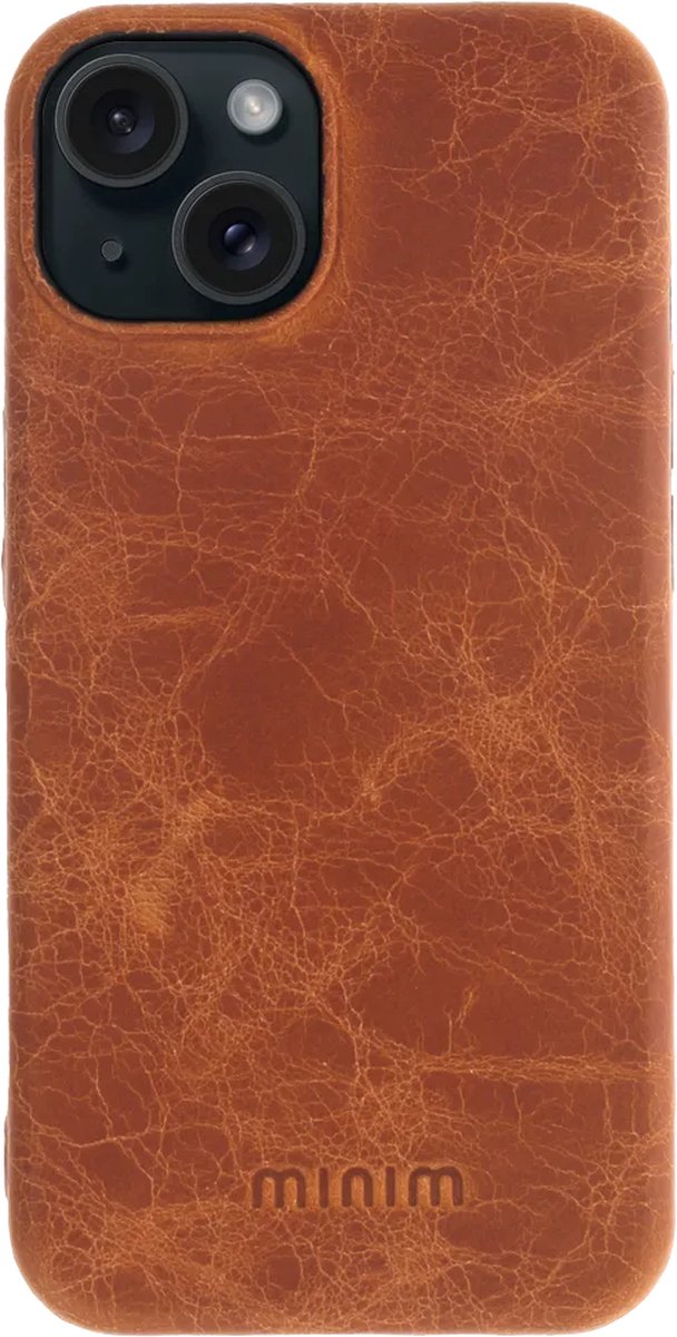 Minim Hoesje Echt Leer Geschikt voor Apple iPhone 15 Plus - Lederen Back Cover - Cognac