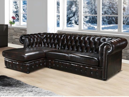 LINEA SOFA Hoekbank chestefield BRENTON 100% buffelleer - Chocolade met kastanjereflecties - Hoek links L 274 cm x H 82 cm x D 166 cm