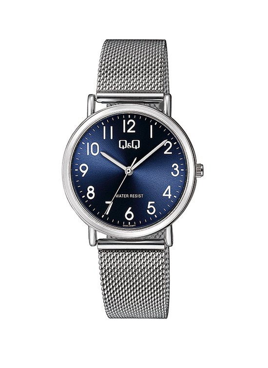 Q&Q Q05A-008PY - Horloge - Analoog - Vrouwen - Dames - Milanese/Mesh stalen band - Rond - Metaal - Cijfers - Zilverkleurig - DonkerBlauw - 3 ATM